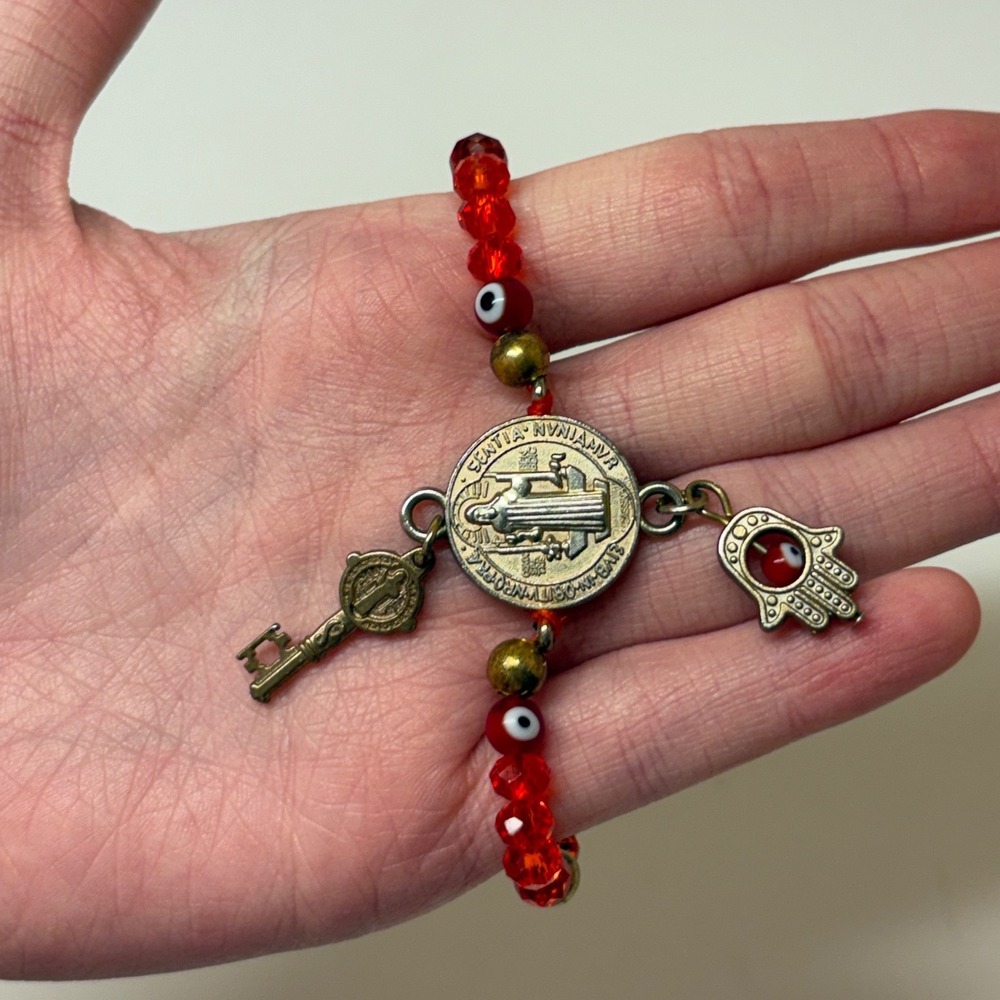 Red Evil Eye Saint Benedict Hamsa Key Charm Adjustable Bracelet